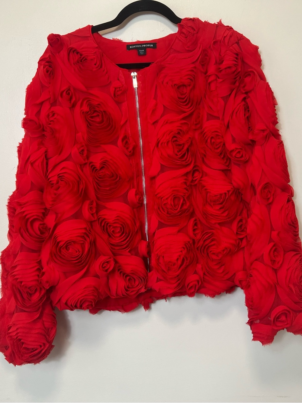 Boston Proper Red 3D Rose Applique Zip Bomber Jacket. Size Medium. NWOT